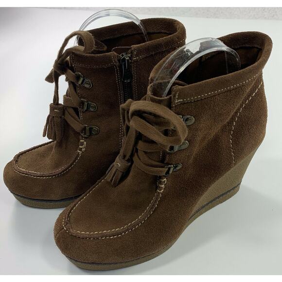 MIA Hazel Boot Brown Suede Leather Tassle Lace Up Wedge Bootie Size 7.5 M - Picture 6 of 12